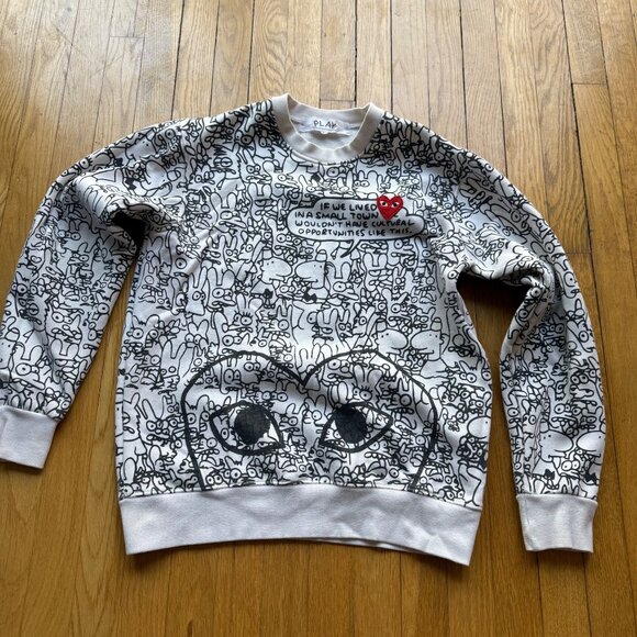 Comme Des Garçons Play Size L Black & White Doodle Graphic Print Sweatshirt - Picture 2 of 12